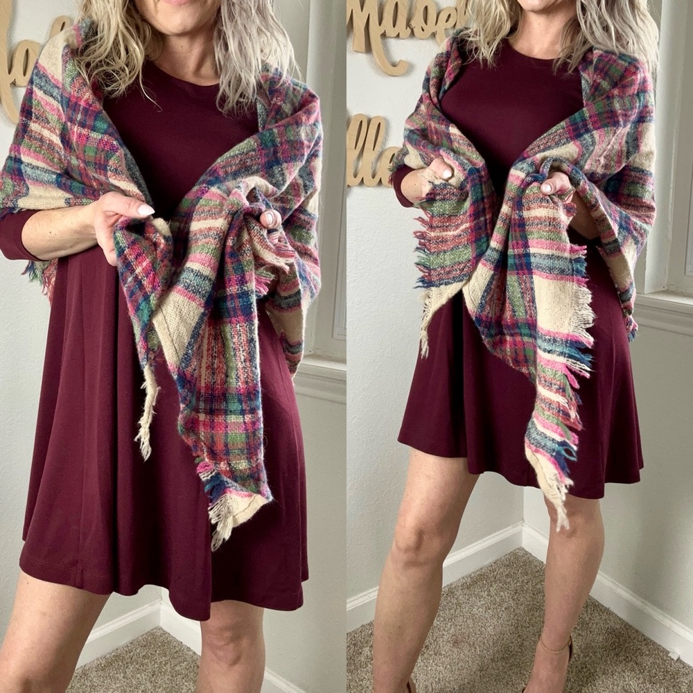 Cozy chic tan Multicolor Plaid shoulder Shawl OS